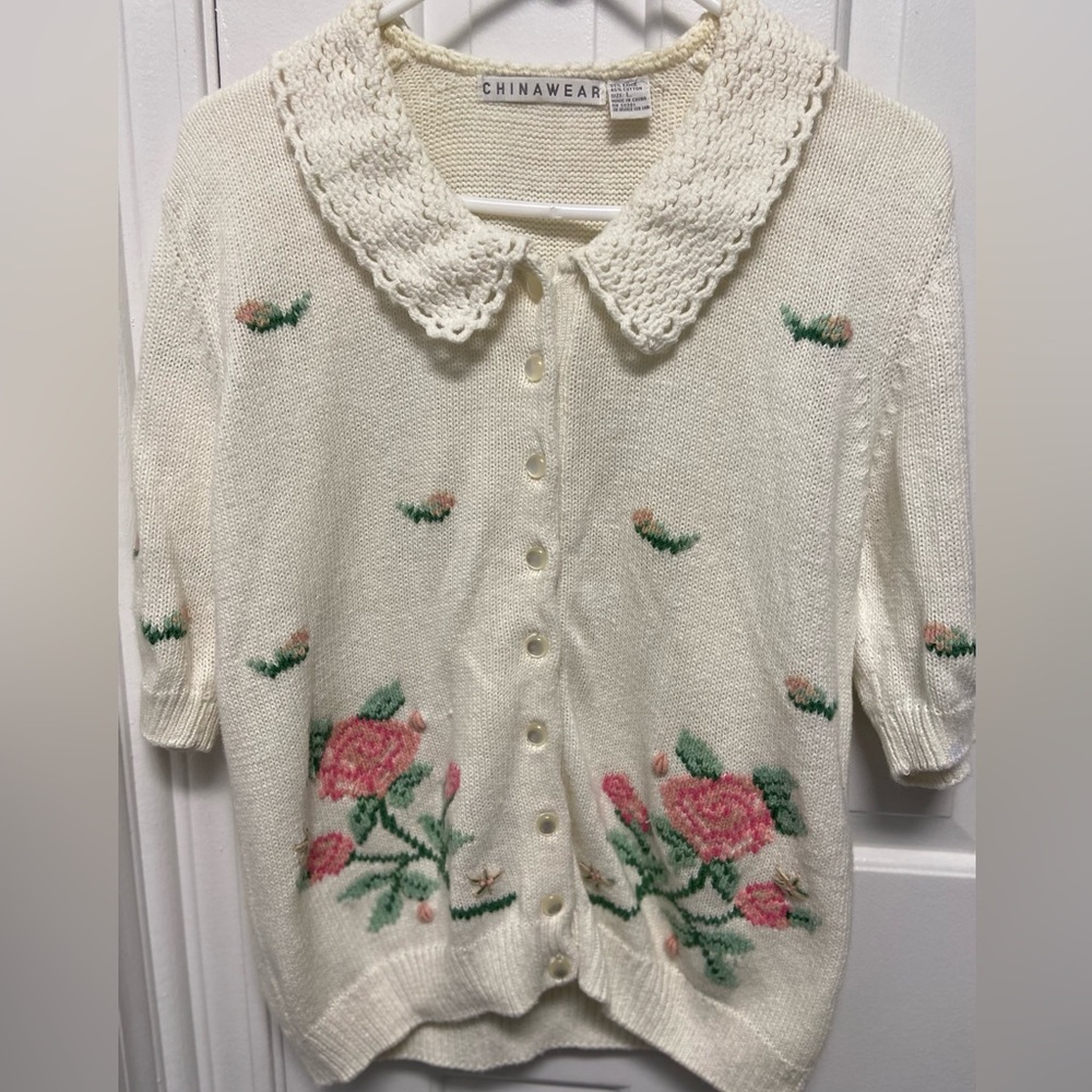 Vintage Short Sleeve Rose Sweater Size Large